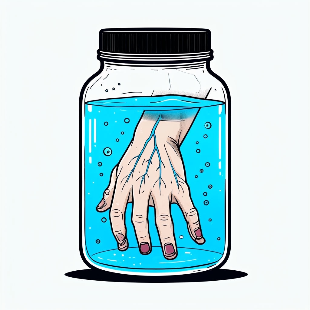 Creepy Neon Blue Liquid Jar with Human Hand Illustration Sticker