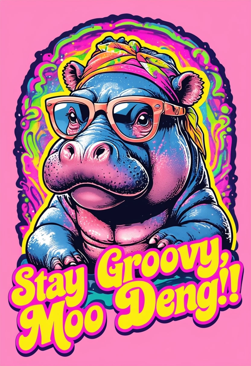 Funky Retro Moo Deng Pygmy Hippopotamus T-Shirt Design