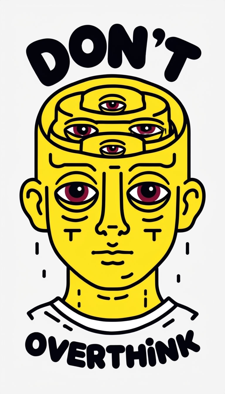 Surreal Yellow Head Illustration with Don't Overthink Text Art