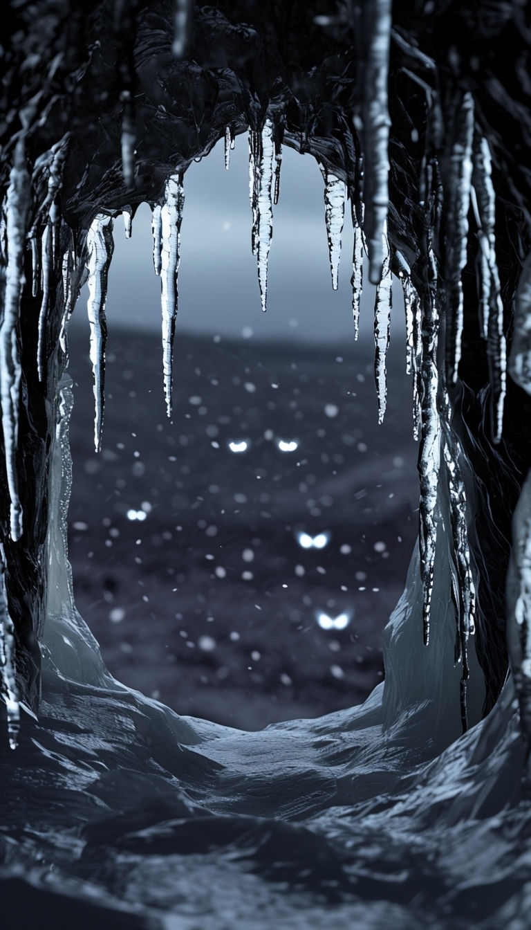 Creepy Ice Cave View with Glowing Eyes Mobile Wallpaper