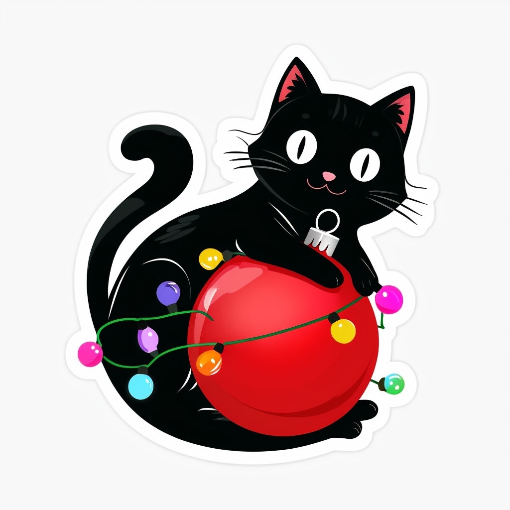 Playful Black Cat with Christmas Ornament and Lights Sticker