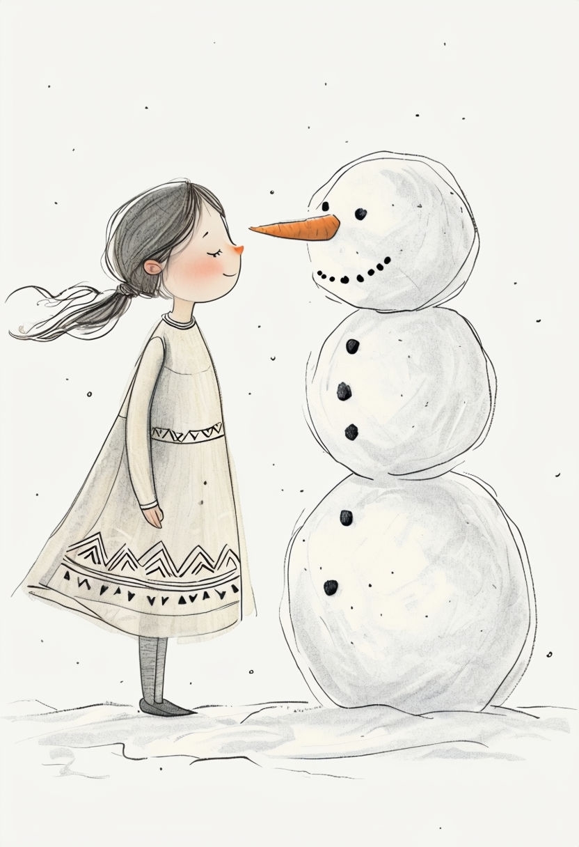 Whimsical Girl and Snowman Hand-Drawn Illustration Art