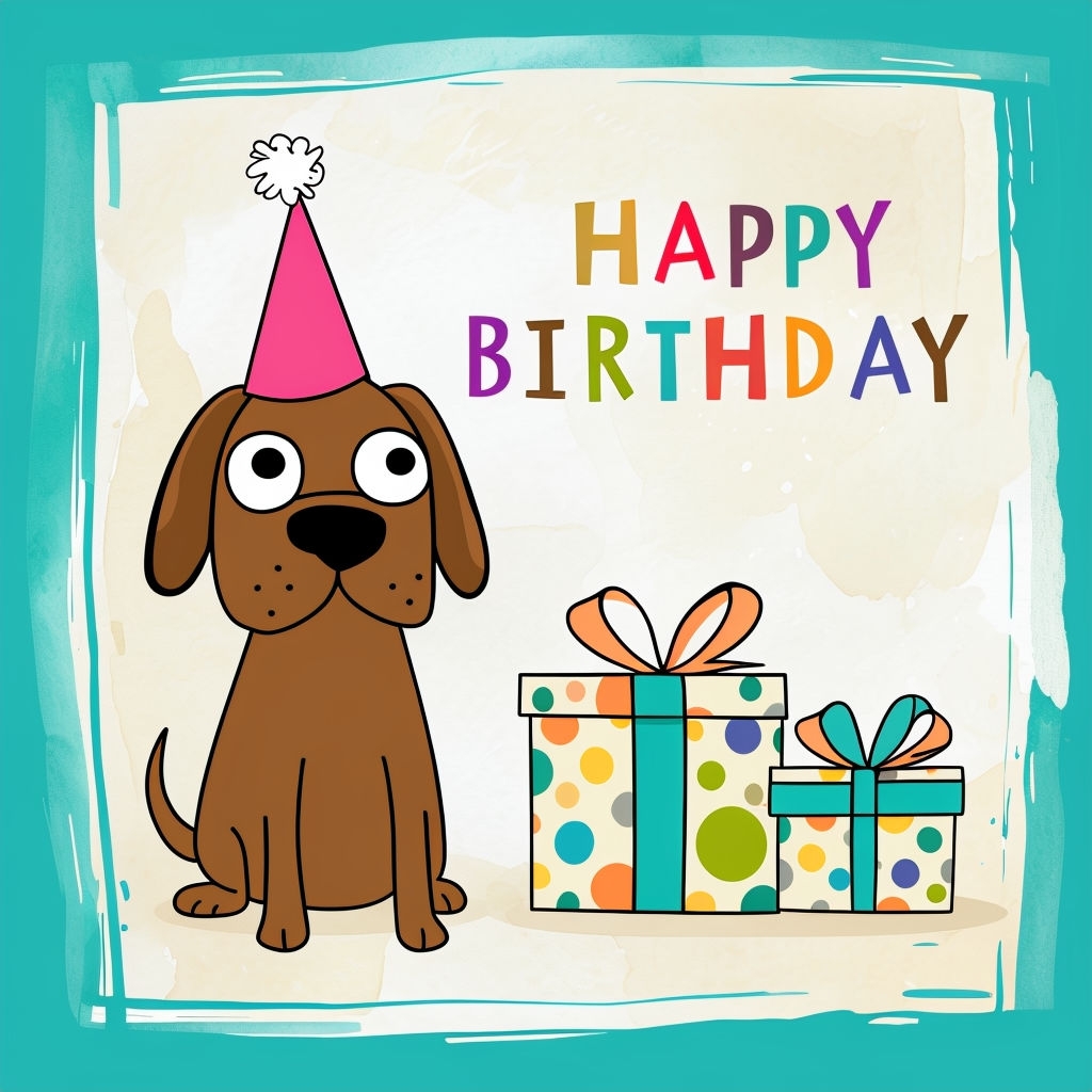 Comical Brown Dog Birthday Card with Colorful Gift Boxes Design Cards & Invites