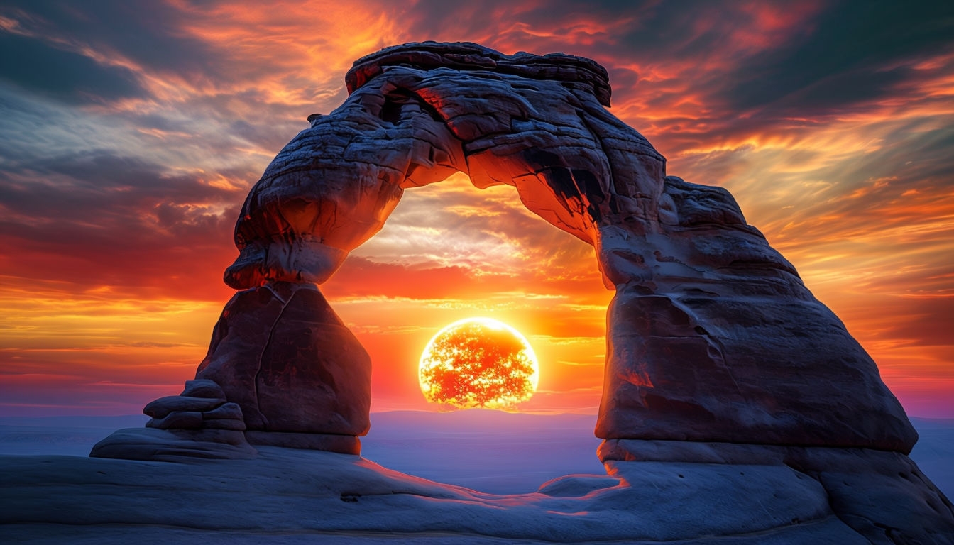 Stunning Rocky Archway at Sunset Photorealistic Background