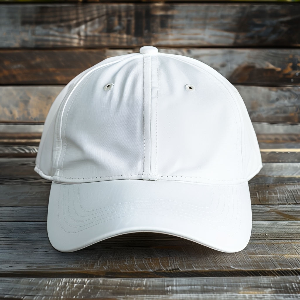 Elegant White Baseball Cap on Rustic Wooden Surface Mockup