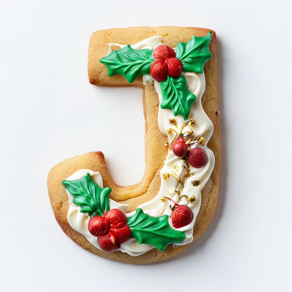 Festive Golden Brown J Sugar Cookie with Holly Decoration Sticker