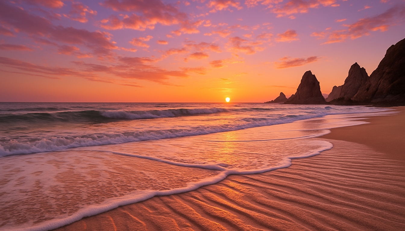 Tranquil Sunset Beach Landscape with Vivid Colors Virtual Backgrounds