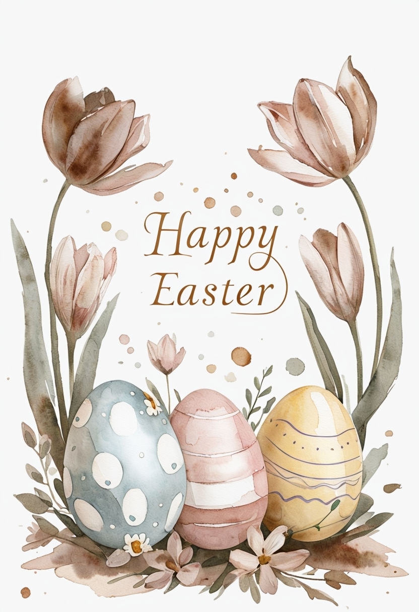 Whimsical Watercolor Happy Easter Card with Floral Accents