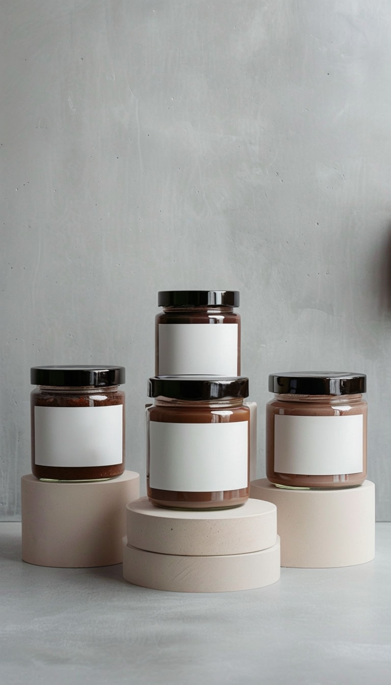 Elegant Glass Jars with Black Lids on Beige Pedestals Mockup