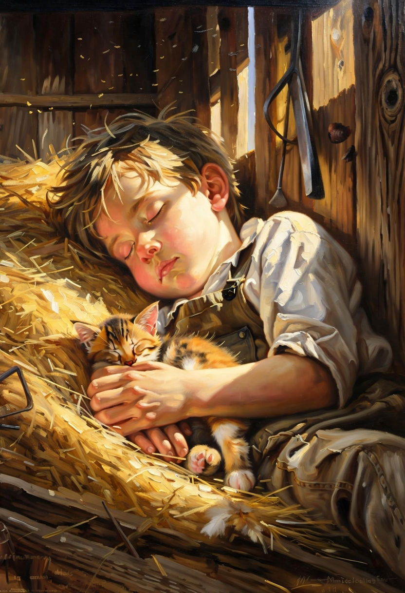 Serene Oil Painting of a Boy and Kitten in Rustic Hay Loft: Capturing Childhood and Tranquility