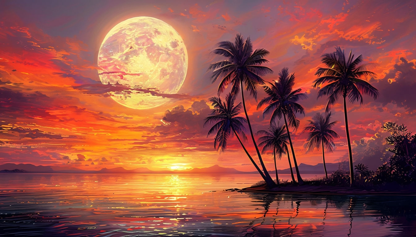 Vibrant Tropical Beach Sunset Digital Art Poster