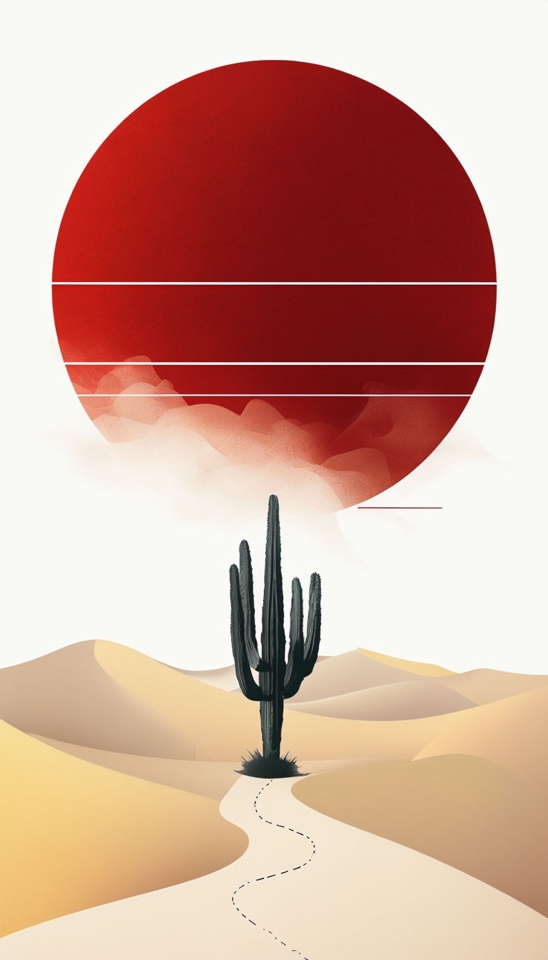 Minimalist Red Circle Cactus Desert Scene Digital Wallpaper