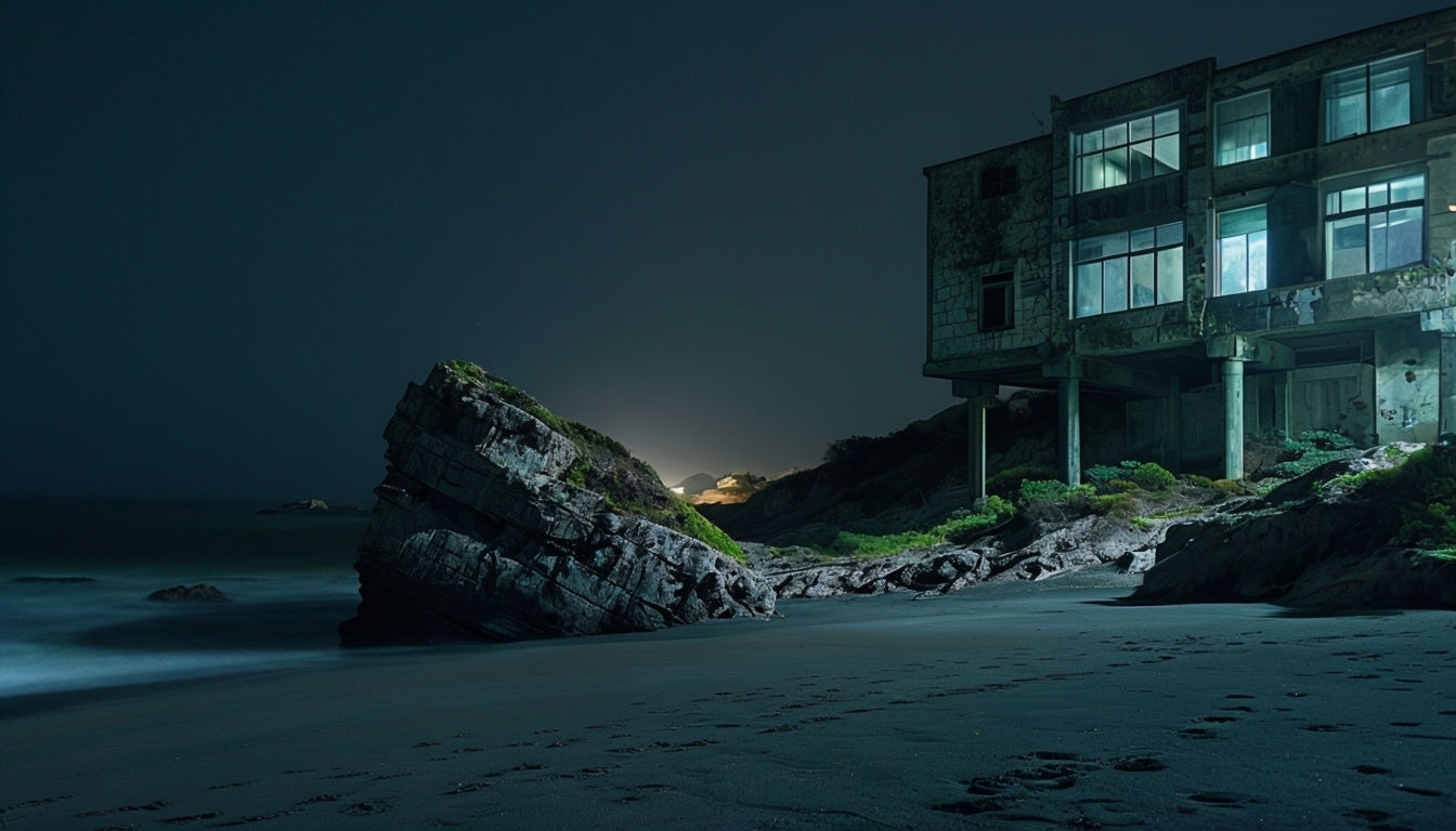 Mysterious Nighttime Coastal Scene with Illuminated Building Virtual Background