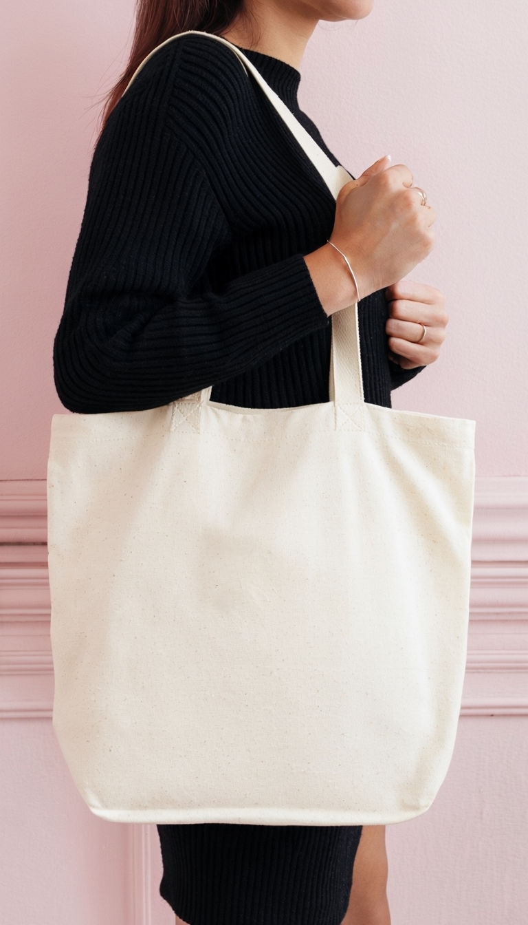 Elegant Woman Holding Blank Canvas Tote Bag Mockup