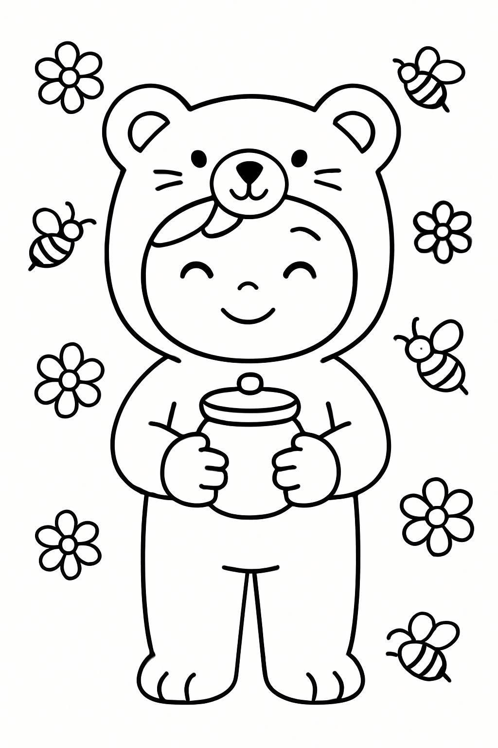 Cheerful Bear Onesie Character with Flowers and Bees Coloring Book Pages