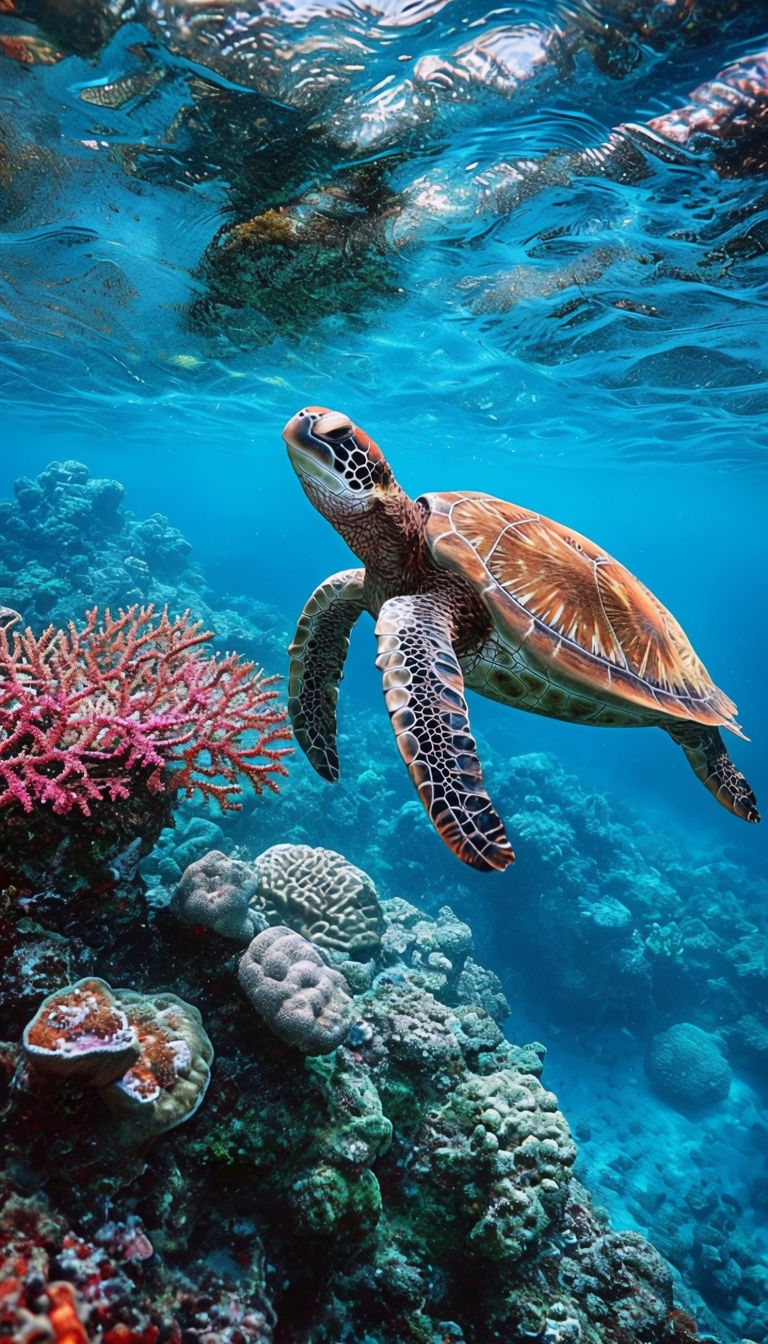 Peaceful Sea Turtle Swimming in Vibrant Coral Reef Mobile Wallpaper