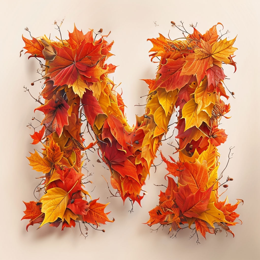 Vibrant Autumn Leaf Letter M Monogram Art Illustration Monogram