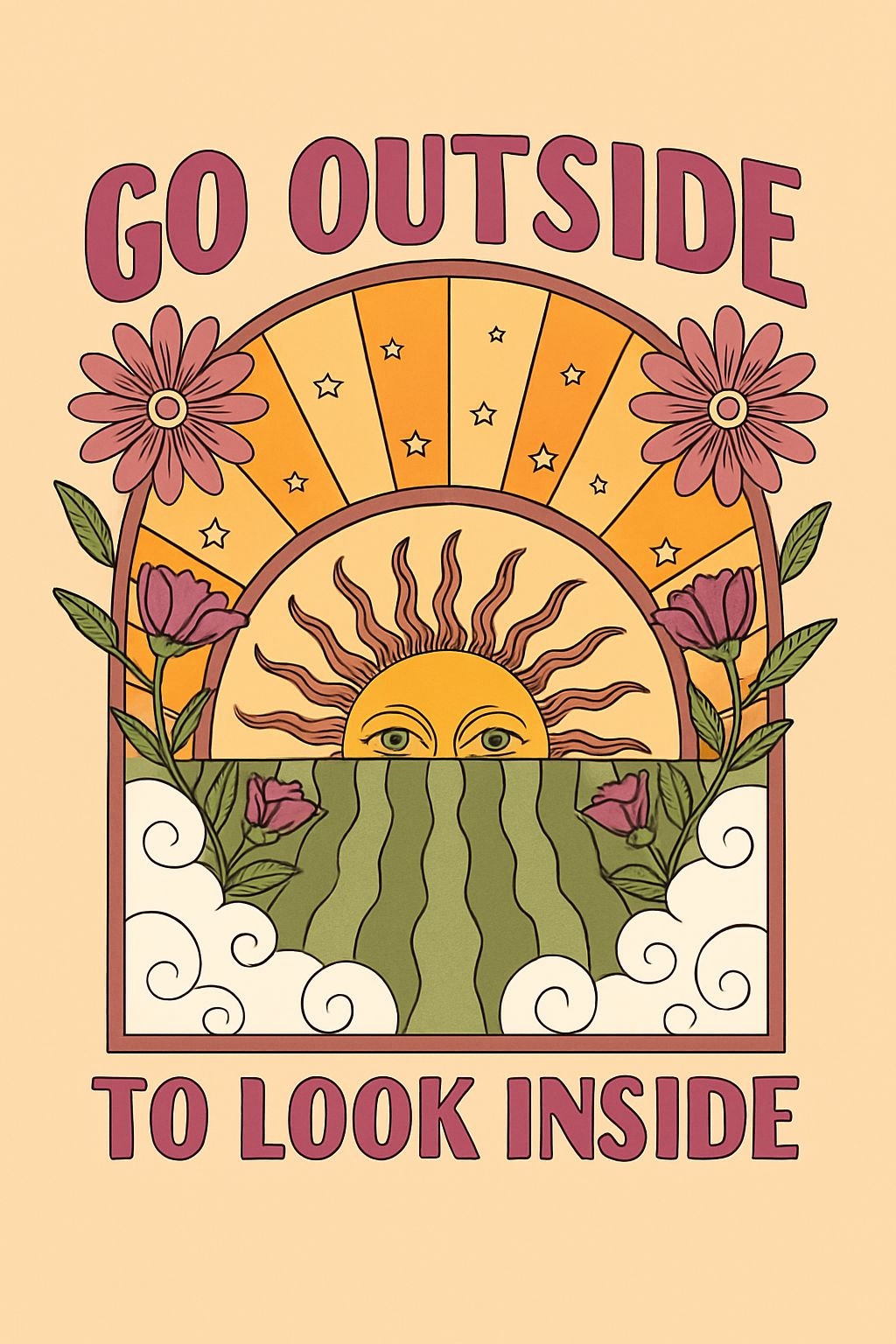 Whimsical Retro Sun Face with Flowers and Rainbow Poster