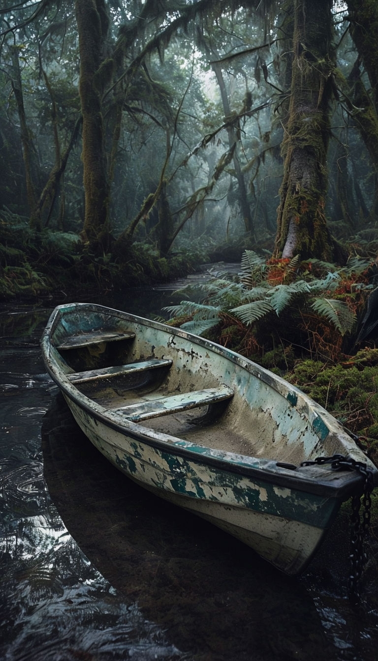 Eerie Forest Scene with Weathered Rowboat Mobile Wallpaper