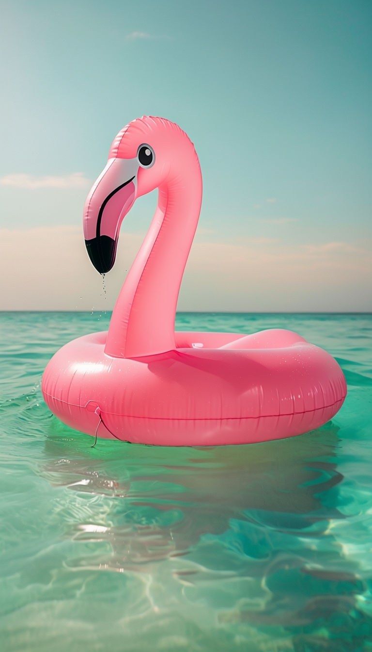 Glossy Pink Inflatable Flamingo Float in Turquoise Water Mobile Wallpaper