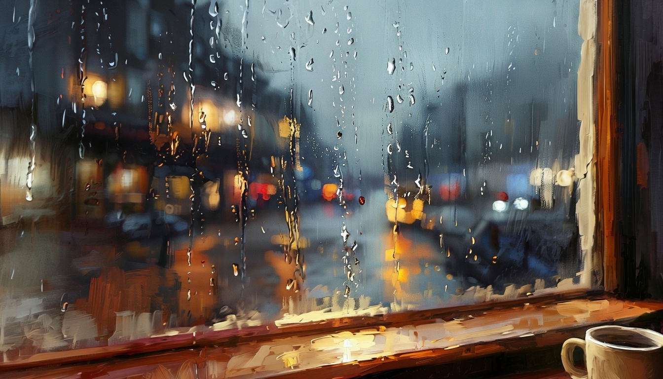 Cozy Cafe Window Interior View with Rainy City Landscape Backgrounds
