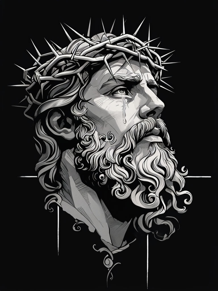 Solemn Grayscale Portrait of Contemplative Man with Crown T-shirt