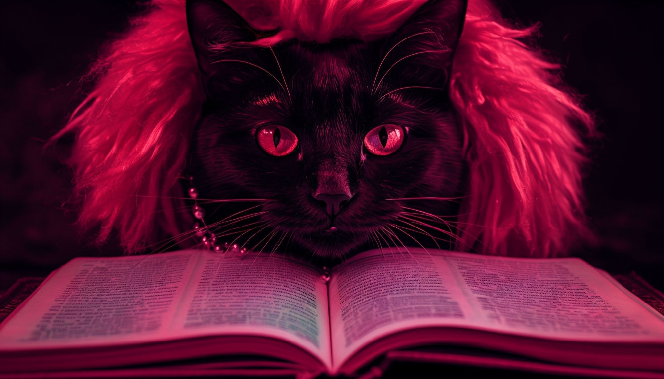 Surreal Black Cat with Crimson Eyes and Book Virtual Background