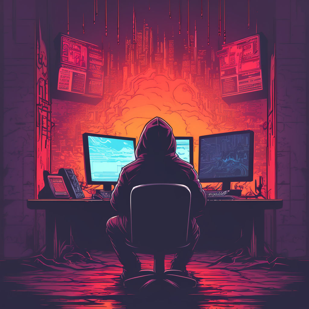 A dark hood man sitting back a computer dark terror atmosp... by DIGO ...