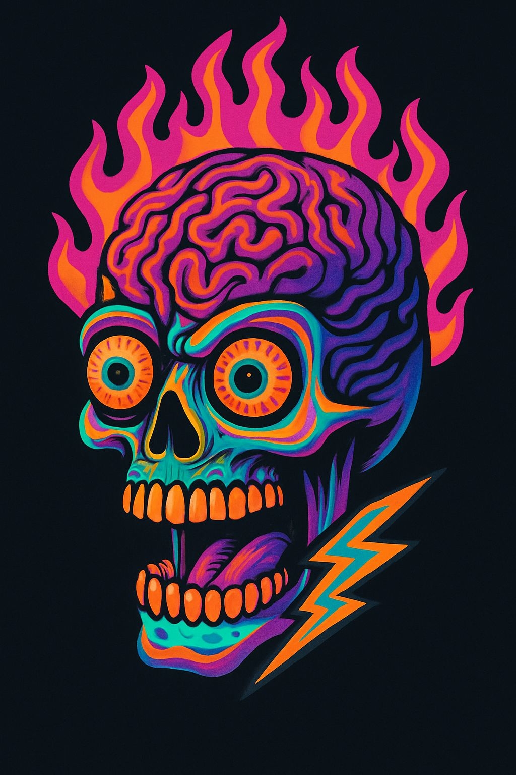 Psychedelic Skull Brain Artwork with Flames and Lightning T-shirt