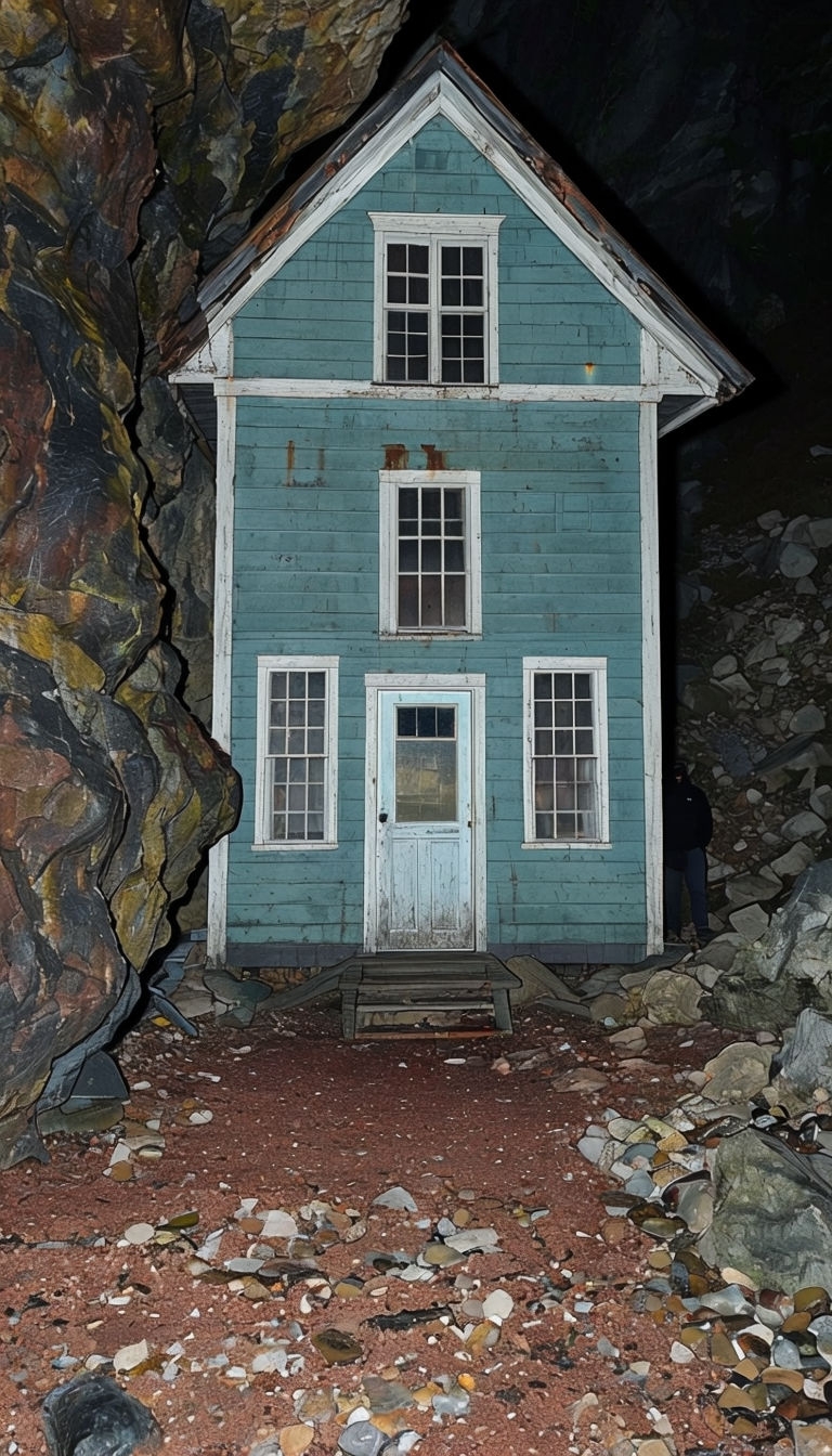 Eerie Teal Wooden House Surrounded by Rocky Terrain Mobile Wallpaper