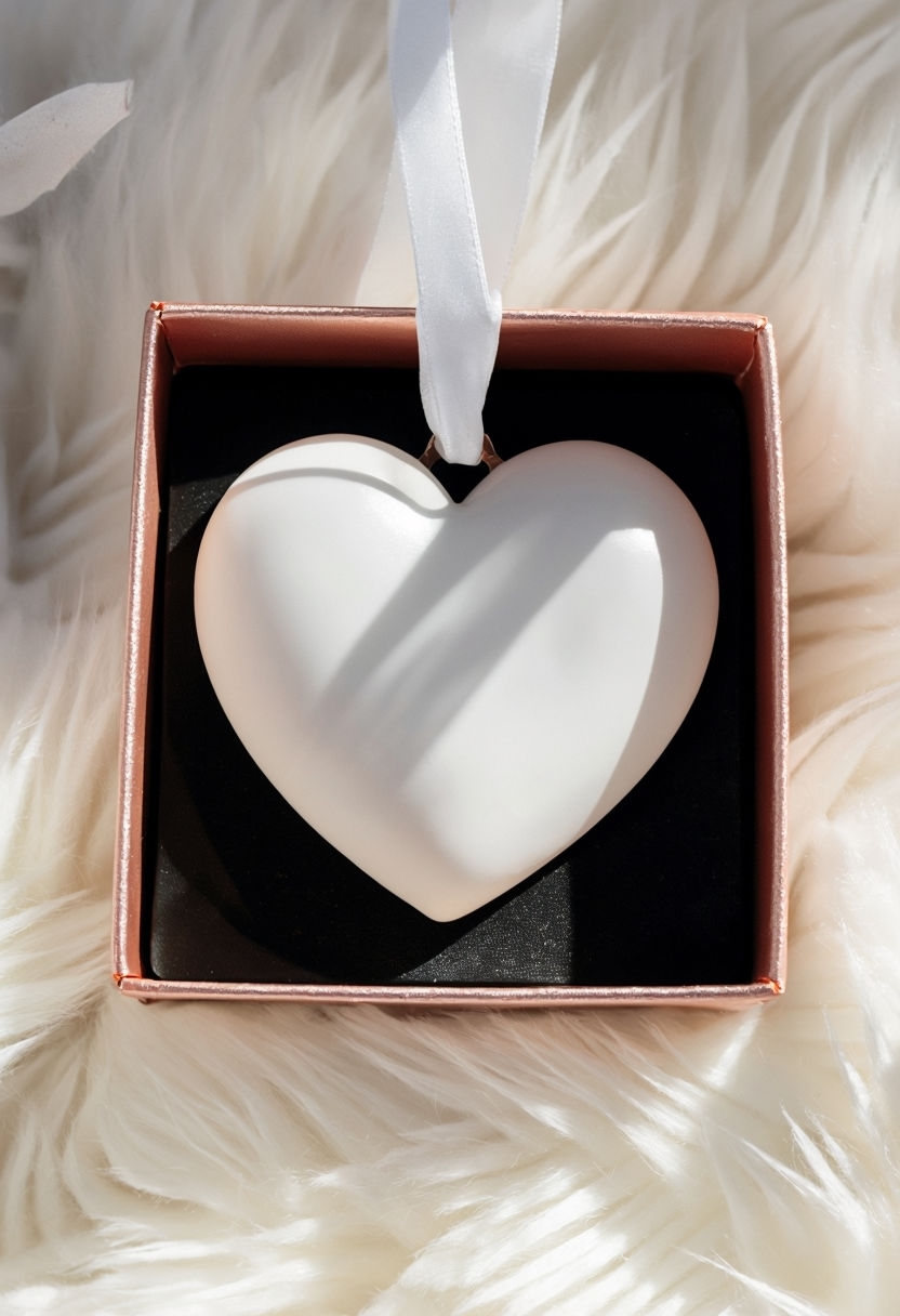 Elegant White Heart Ornament in Rose Gold Box Mockup