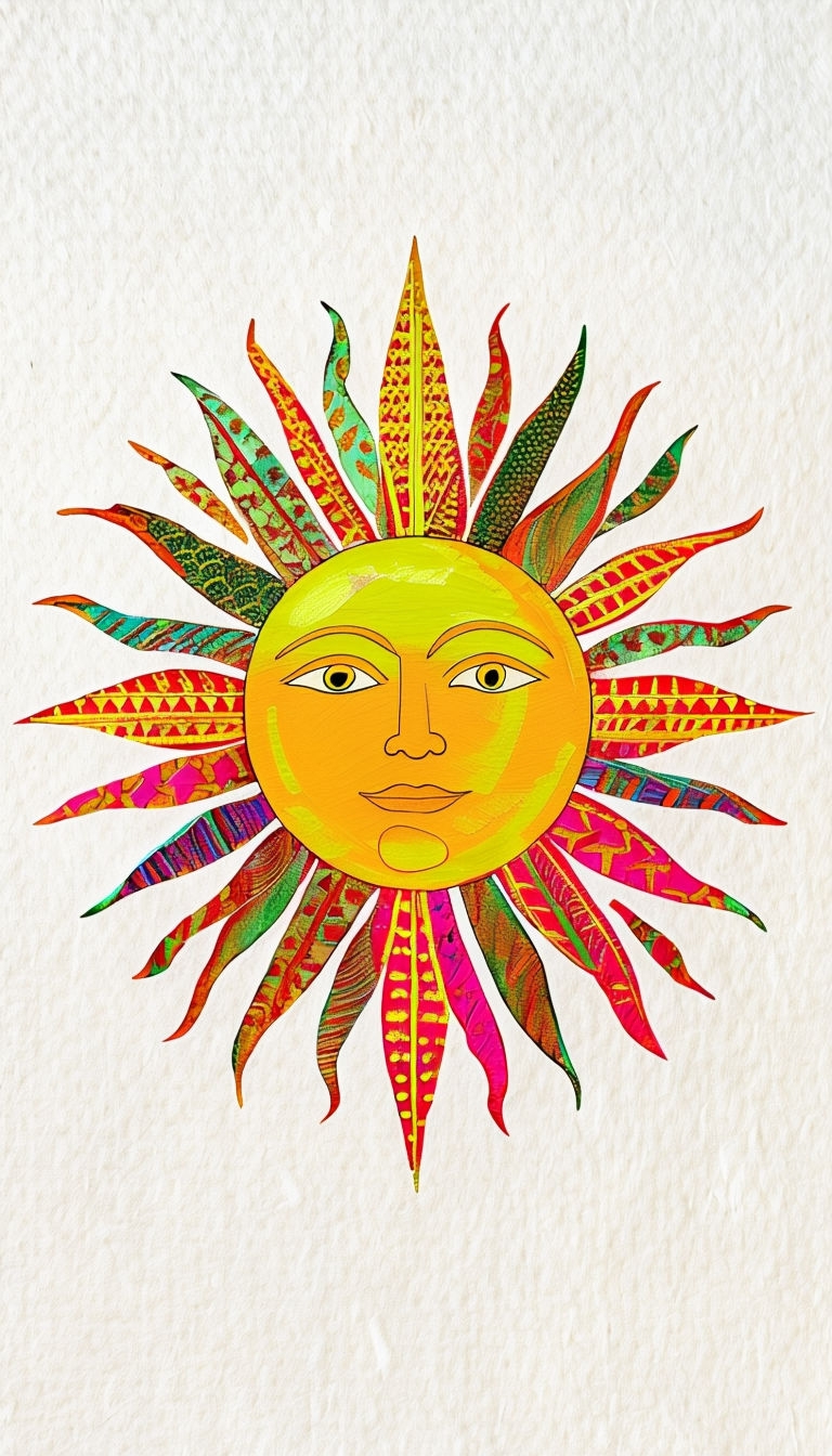 Stylized Sun Face with Intricate Ray Patterns Mobile Wallpaper