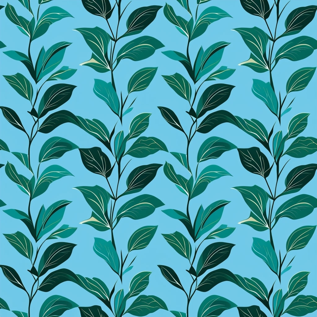 Vibrant Botanical Leaves Seamless Pattern on Sky Blue Background Seamless Patterns