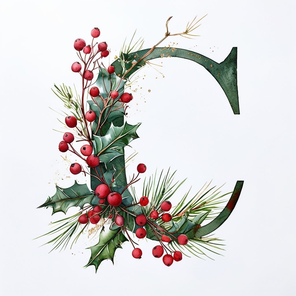 Festive Watercolor Monogram C with Natural Elements Design Monogram