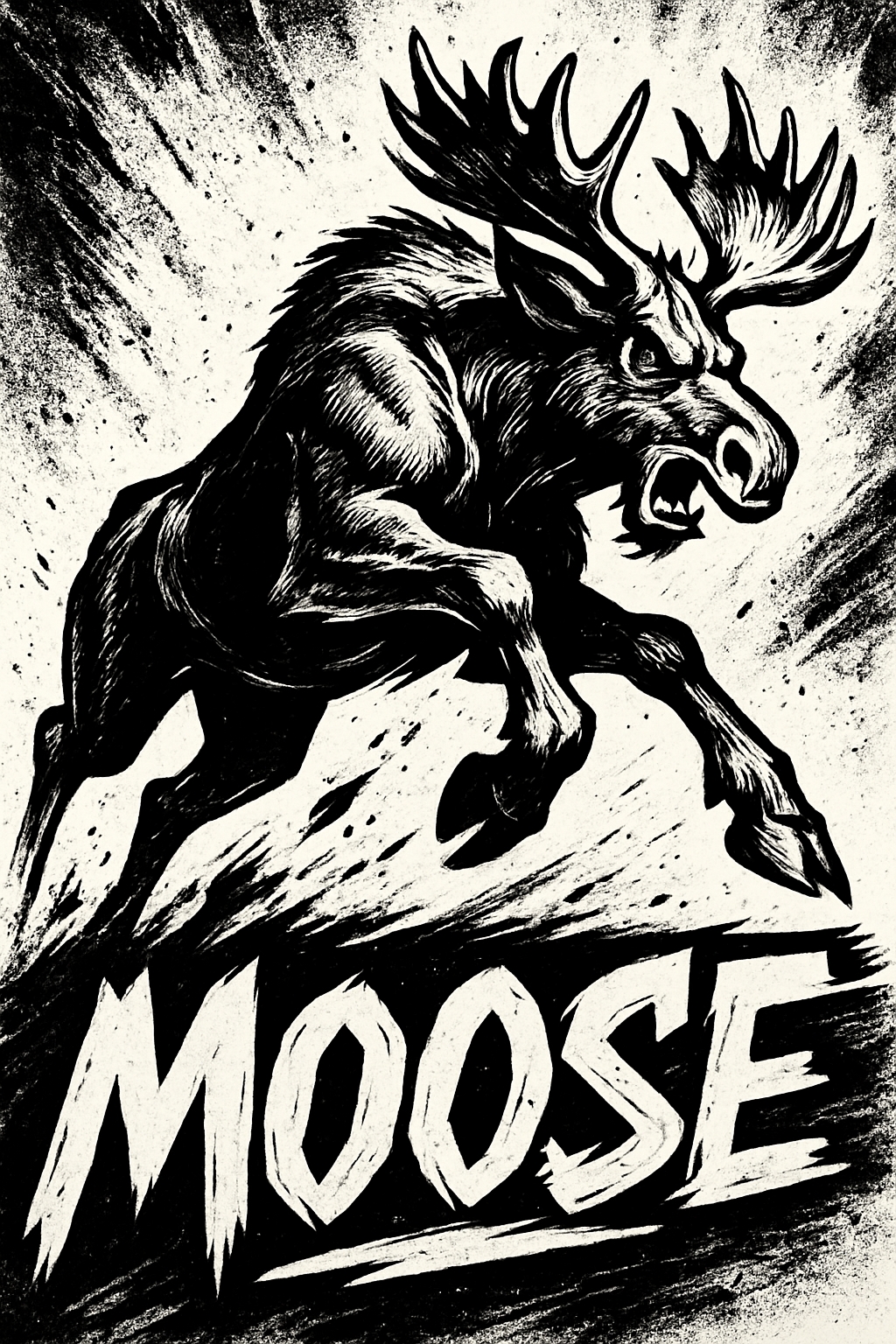Aggressive Moose Mid-Leap Black and White Illustration T-Shirt