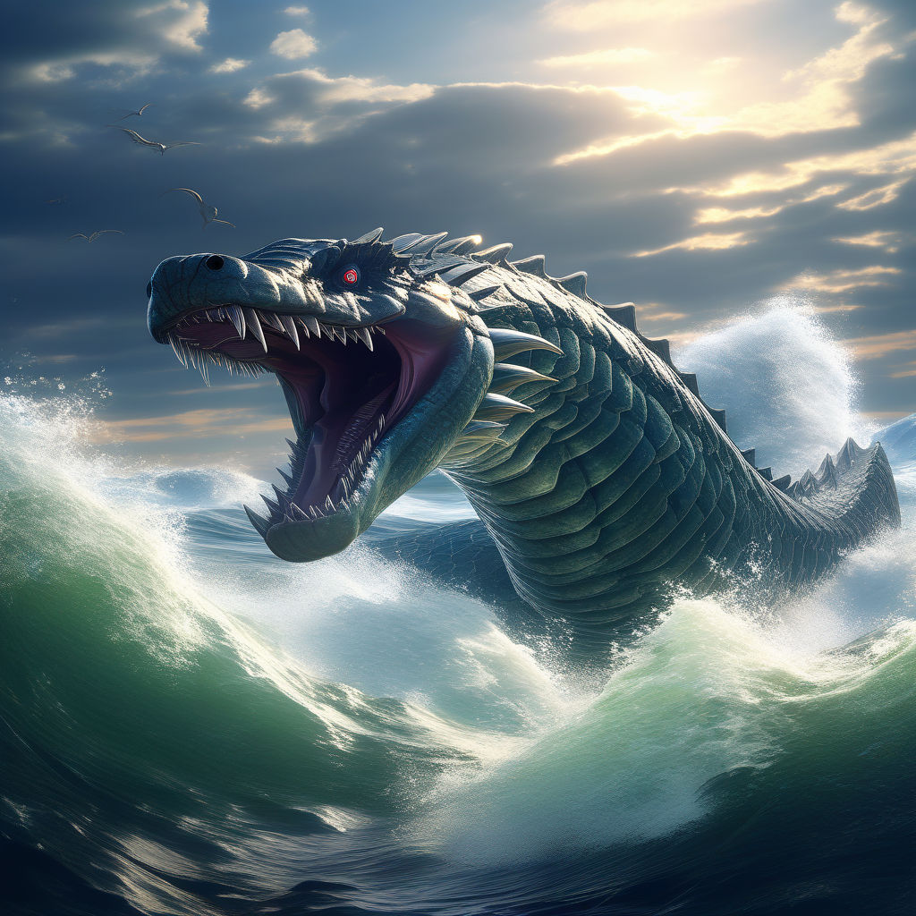 A colossal sea serpent swimming in the ocean swims away with... by ...