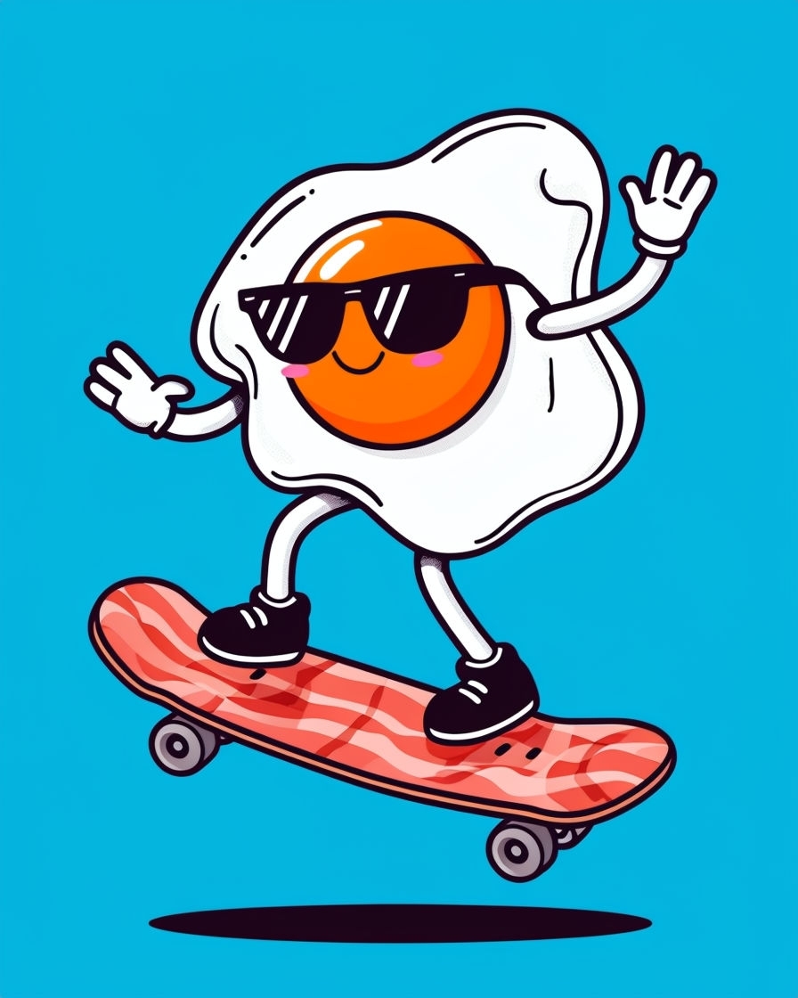 Playful Cartoon Egg Skating on Bacon Skateboard T-Shirt