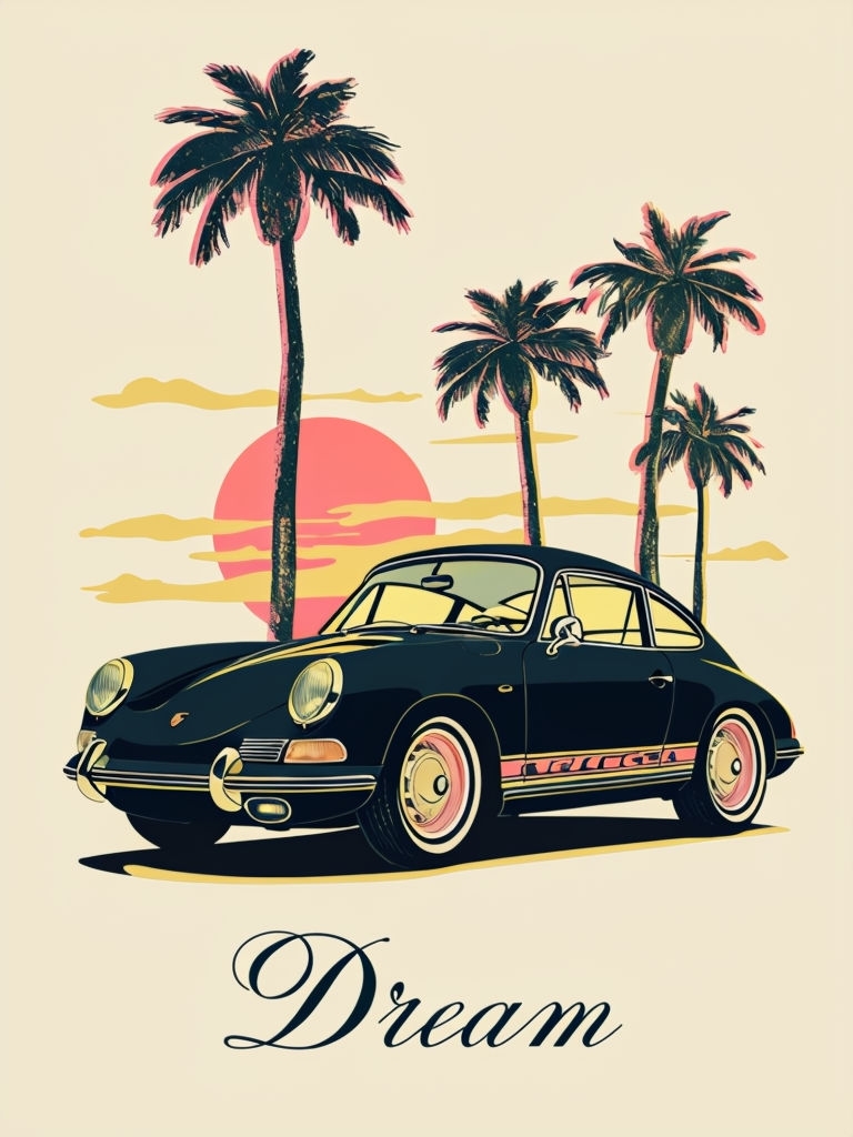 Vintage Navy Blue Porsche Car with Palm Trees T-Shirt