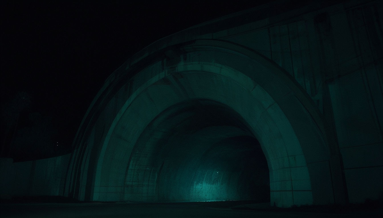 Eerie Nighttime Los Angeles Tunnel with Cool Blue Glow Background