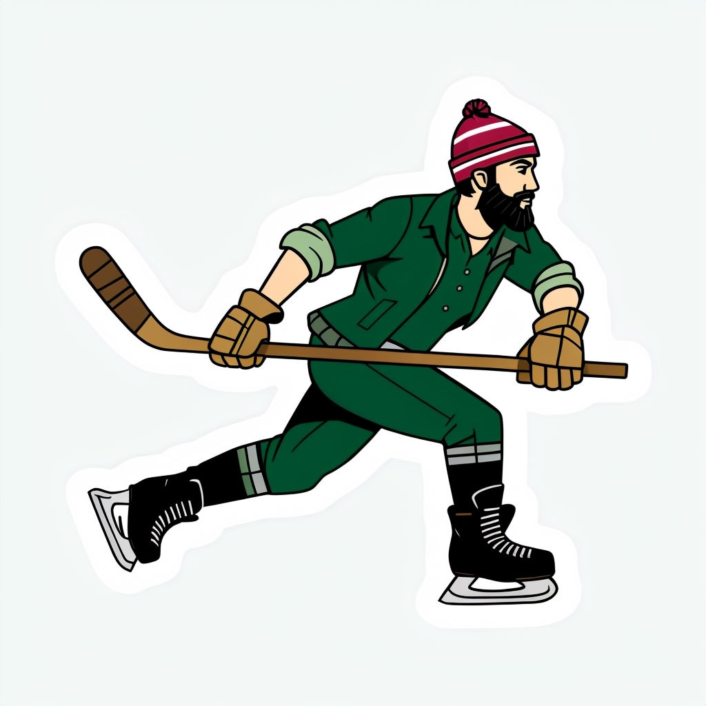 Dynamic Cartoon Skater with Hockey Stick Illustration Sticker