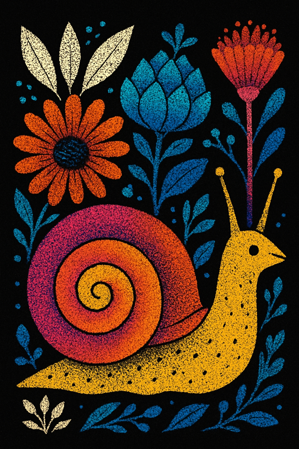 Vibrant Whimsical Snail and Flowers Pointillism T-Shirt