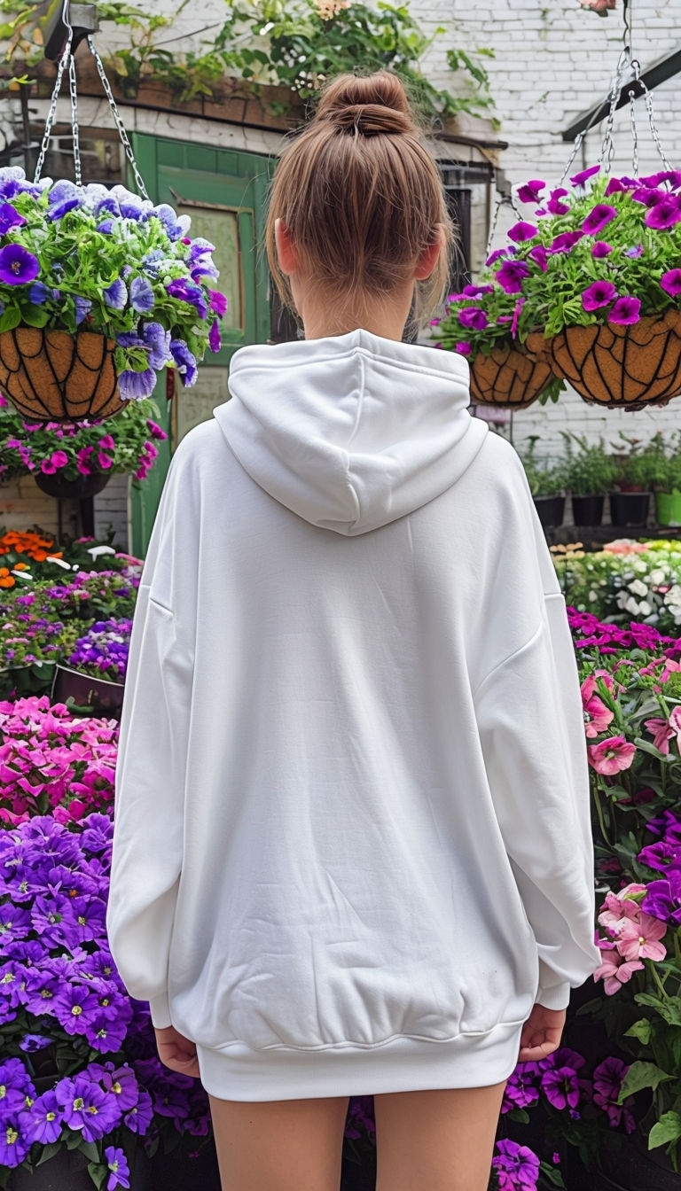 Oversized White Hoodie Fashion in Vibrant Garden Setting Mockup