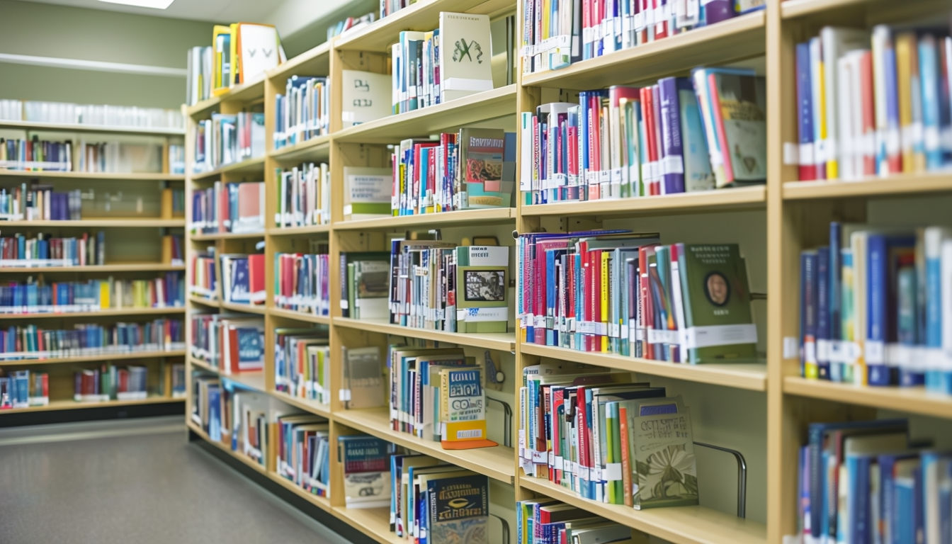 Neatly Organized School Library Bookshelf Art