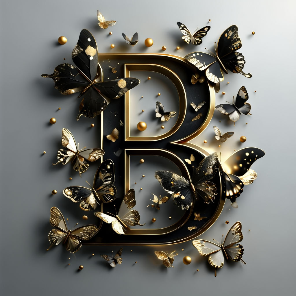 Elegant Black and Gold Letter B with Decorative Butterflies Art Print Monogram