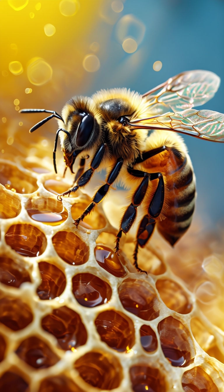 Detailed Macro Photography of a Honeybee on Honeycomb Mobile Wallpaper