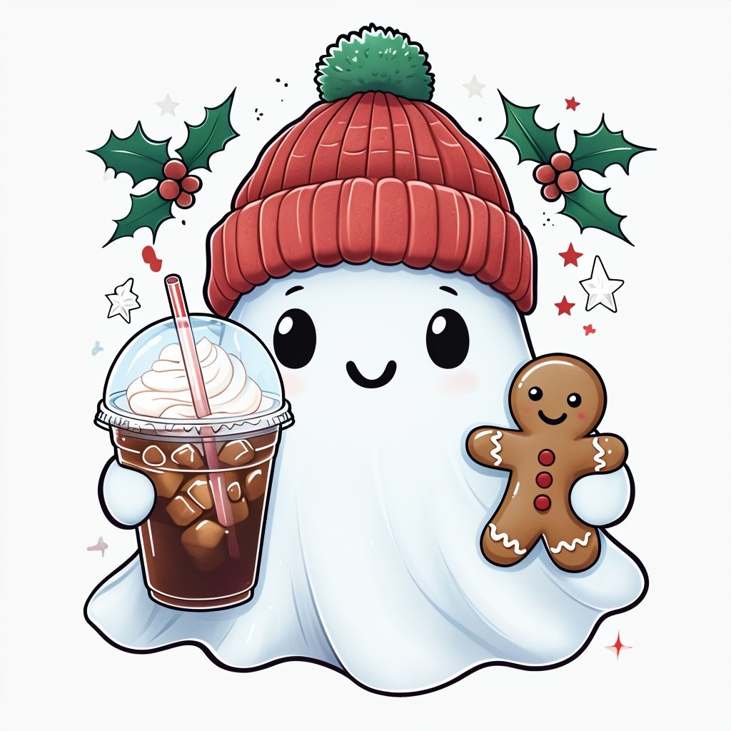 Cheerful Cartoon Ghost with Coffee and Gingerbread Cookie Art