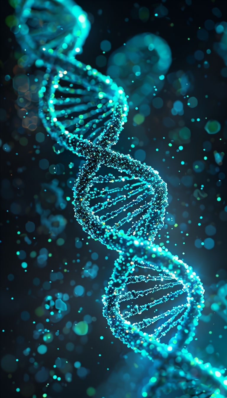 Glowing Teal DNA Helix with Particles and Bokeh Effects Mobile Wallpaper