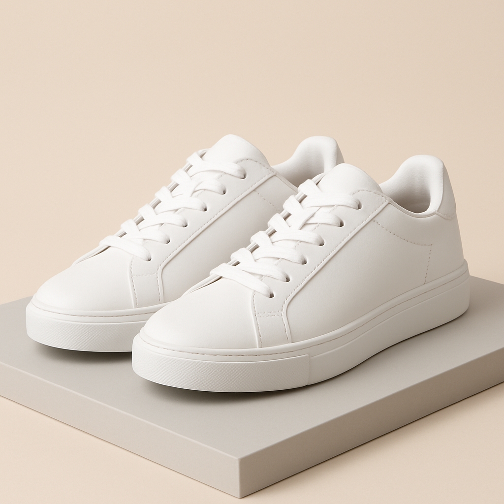 Minimalist White Low-Top Sneakers on Neutral Background Mockup