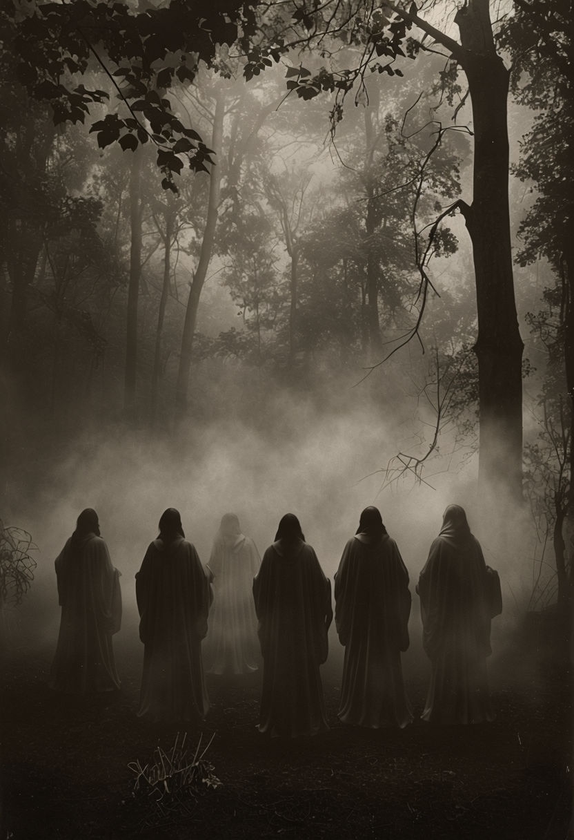 Mysterious Robed Figures in Foggy Forest Night Art