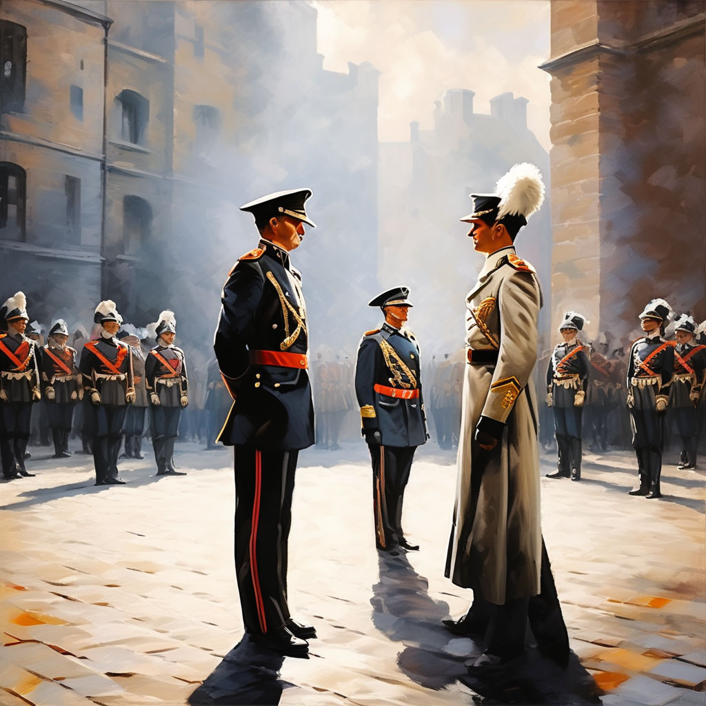 Create a picture of the drum major and Woyzeck as men facing... by Ole